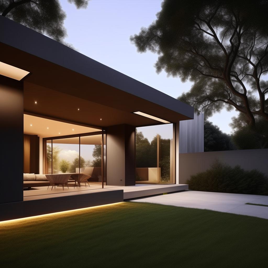 Design a visually striking representation of a modern house exterior featuring clean lines, large windows, and contemporary materials. Include a manicured garden for a touch of nature.