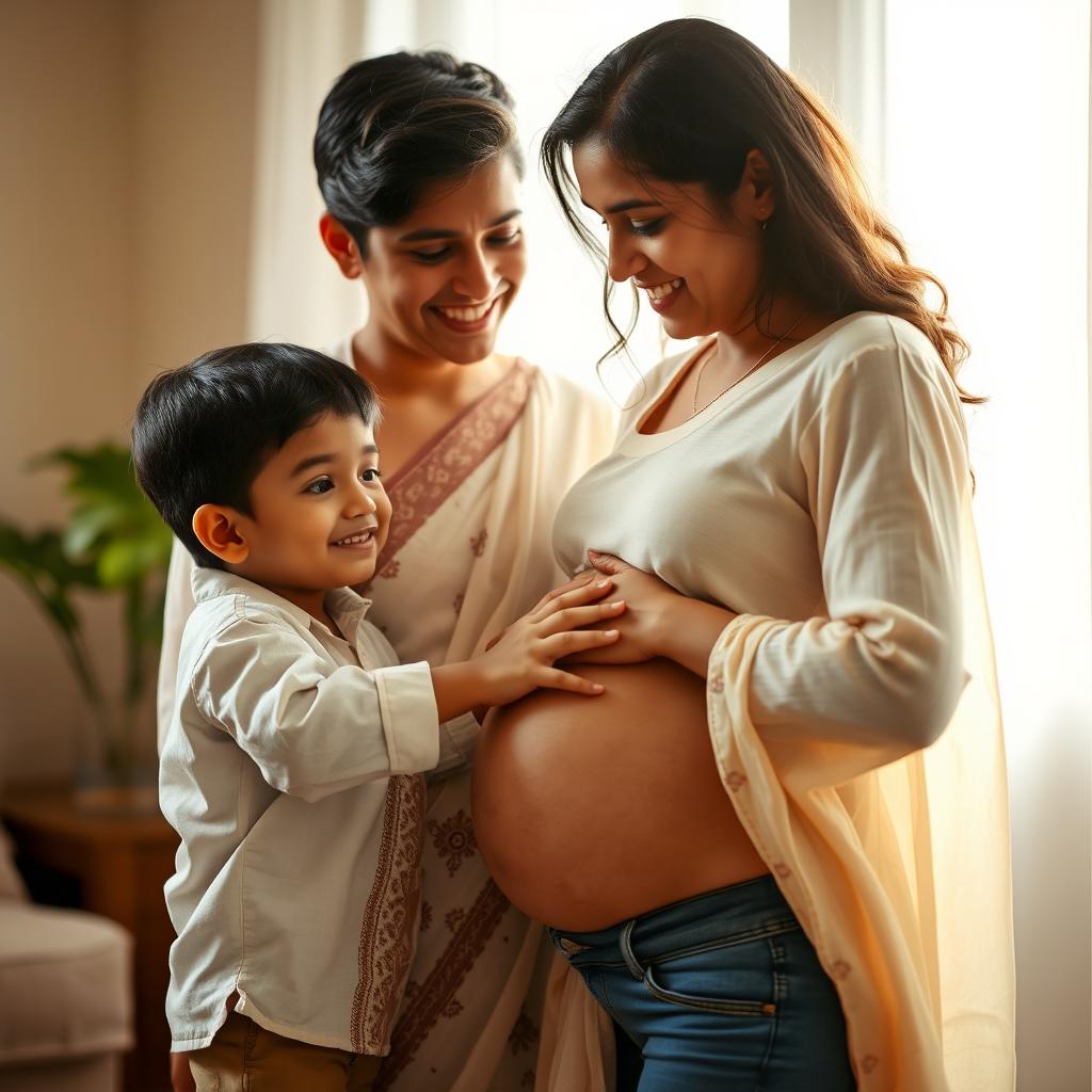 A young Indian teenage boy gently touching his middle-aged mother's pregnant belly, capturing a moment of tenderness and familial love