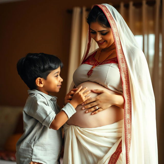 A young Indian teenage boy gently touching his middle-aged mother's pregnant belly, capturing a moment of tenderness and familial love