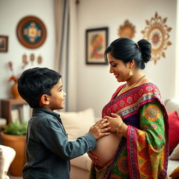 A touching family moment featuring a young Indian boy with short black hair gently placing his hand on his mother's pregnant belly
