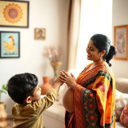 A touching family moment featuring a young Indian boy with short black hair gently placing his hand on his mother's pregnant belly