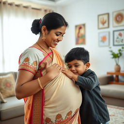 A touching family moment featuring a young Indian boy with short black hair gently placing his hand on his mother's pregnant belly