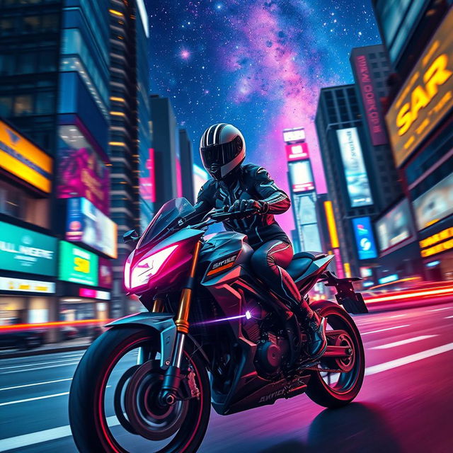 A futuristic racer wearing a sleek, aerodynamic helmet with glowing stripes, riding a high-tech motorcycle on a neon-lit city street at night