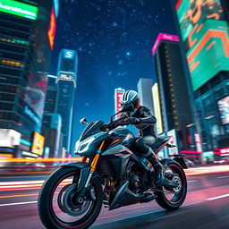 A futuristic racer wearing a sleek, aerodynamic helmet with glowing stripes, riding a high-tech motorcycle on a neon-lit city street at night