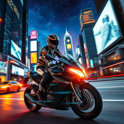 A futuristic racer wearing a sleek, aerodynamic helmet with glowing stripes, riding a high-tech motorcycle on a neon-lit city street at night