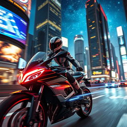 A futuristic racer wearing a sleek, aerodynamic helmet with glowing stripes, riding a high-tech motorcycle on a neon-lit city street at night