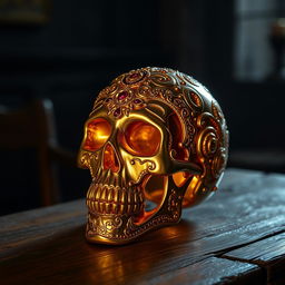 A highly detailed, ornate golden skull, intricately designed with elaborate patterns and jewel inlays, sitting on a weathered wooden table