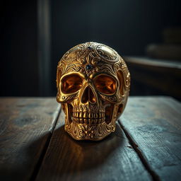 A highly detailed, ornate golden skull, intricately designed with elaborate patterns and jewel inlays, sitting on a weathered wooden table