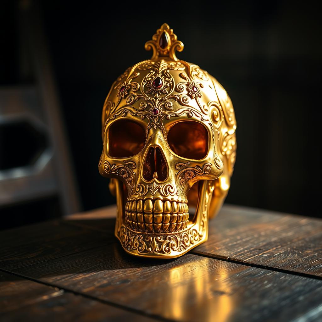 A highly detailed, ornate golden skull, intricately designed with elaborate patterns and jewel inlays, sitting on a weathered wooden table