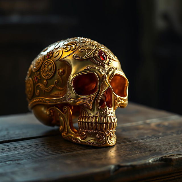 A highly detailed, ornate golden skull, intricately designed with elaborate patterns and jewel inlays, sitting on a weathered wooden table