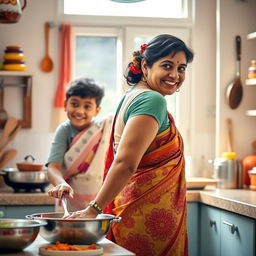 A light-hearted scene in an Indian kitchen where a teenage boy playfully embarrasses his mother while she is cooking