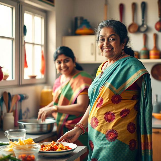 A light-hearted scene in an Indian kitchen where a teenage boy playfully embarrasses his mother while she is cooking