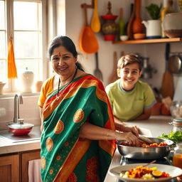 A light-hearted scene in an Indian kitchen where a teenage boy playfully embarrasses his mother while she is cooking