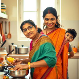 A light-hearted scene in an Indian kitchen where a teenage boy playfully embarrasses his mother while she is cooking