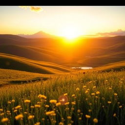 A stunning golden landscape filled with lush rolling hills, bathed in warm golden hour light