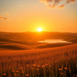 A stunning golden landscape filled with lush rolling hills, bathed in warm golden hour light