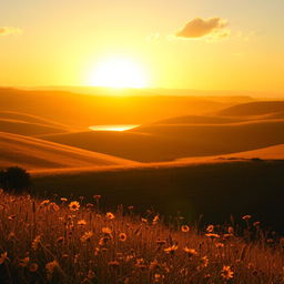 A stunning golden landscape filled with lush rolling hills, bathed in warm golden hour light