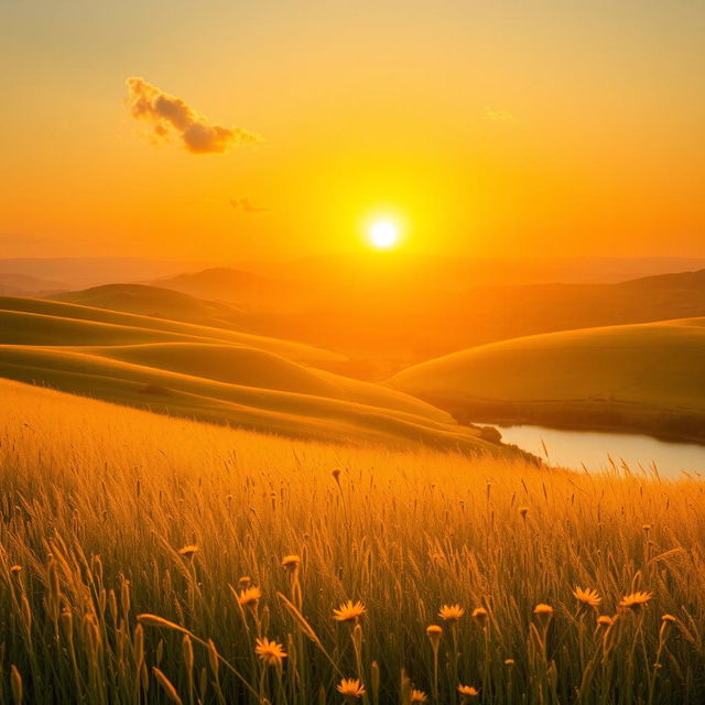 A stunning golden landscape filled with lush rolling hills, bathed in warm golden hour light