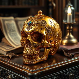 A detailed golden skull adorned with intricate engravings and gemstones, sitting atop an ornate wooden table