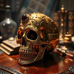A detailed golden skull adorned with intricate engravings and gemstones, sitting atop an ornate wooden table