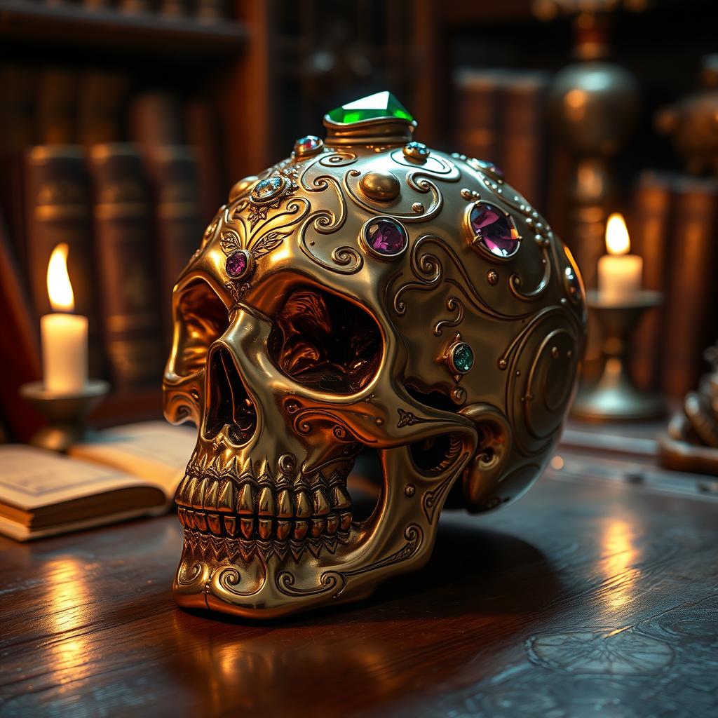 A detailed golden skull adorned with intricate engravings and gemstones, sitting atop an ornate wooden table