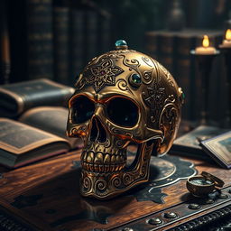 A detailed golden skull adorned with intricate engravings and gemstones, sitting atop an ornate wooden table