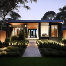 Design a visually striking representation of a modern house exterior featuring clean lines, large windows, and contemporary materials. Include a manicured garden for a touch of nature.