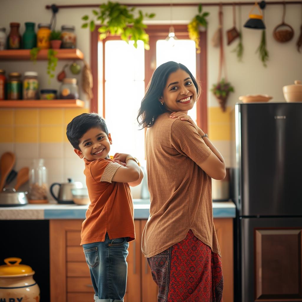 An Indian boy playfully surprising his mother from behind in a vibrant and warm kitchen setting