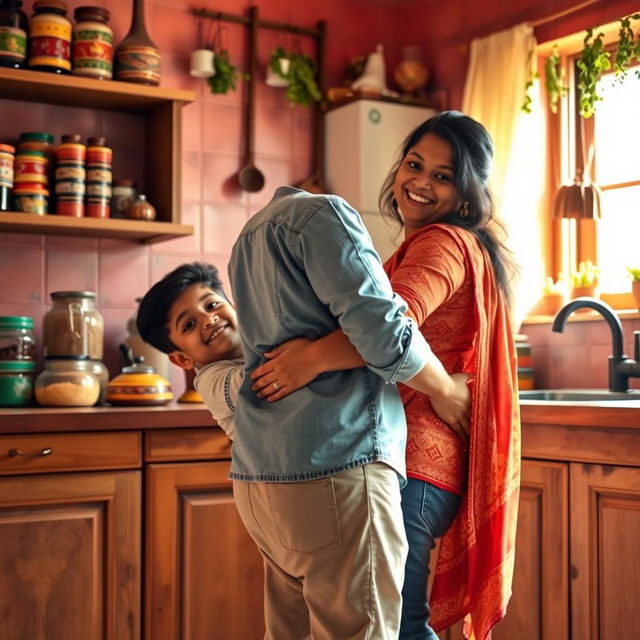 An Indian boy playfully surprising his mother from behind in a vibrant and warm kitchen setting