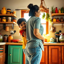 An Indian boy playfully surprising his mother from behind in a vibrant and warm kitchen setting
