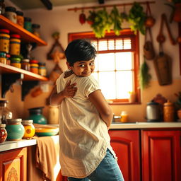 An Indian boy playfully surprising his mother from behind in a vibrant and warm kitchen setting