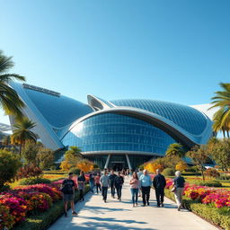 A stunning architectural masterpiece, featuring a futuristic building with sleek glass surfaces, surrounded by lush green gardens and vibrant flowers