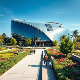 A stunning architectural masterpiece, featuring a futuristic building with sleek glass surfaces, surrounded by lush green gardens and vibrant flowers