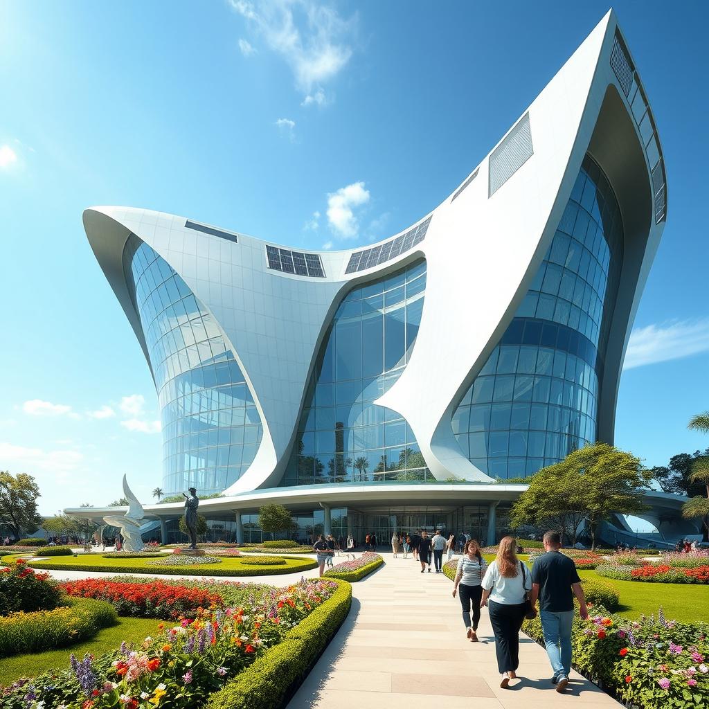 A stunning architectural masterpiece, featuring a futuristic building with sleek glass surfaces, surrounded by lush green gardens and vibrant flowers