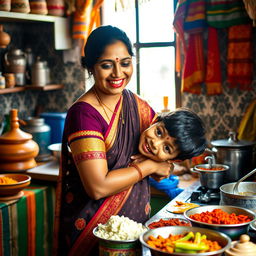 An Indian mother working in a traditional kitchen, surrounded by vibrant spices and cooking utensils