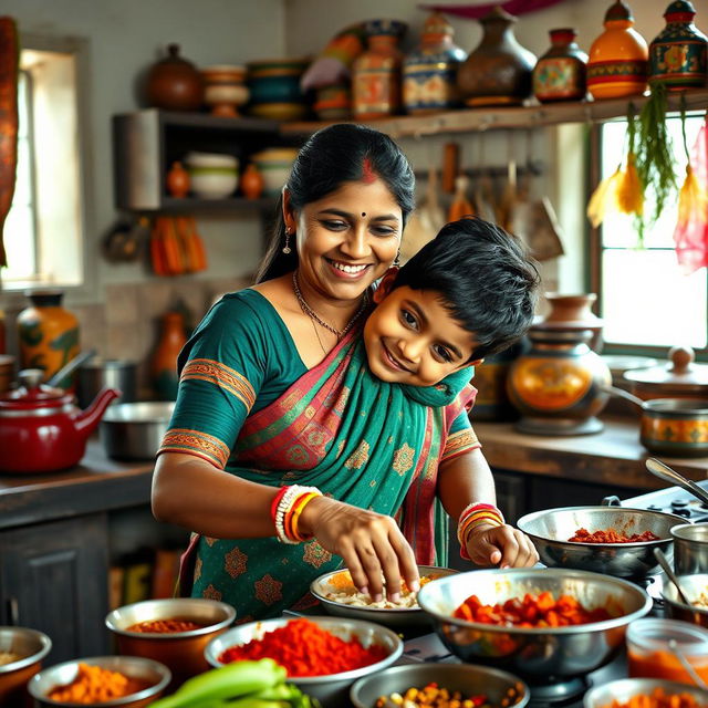 An Indian mother working in a traditional kitchen, surrounded by vibrant spices and cooking utensils