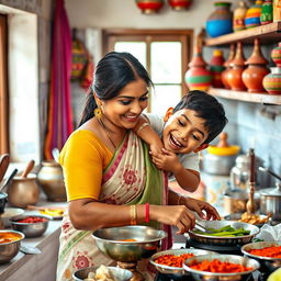 An Indian mother working in a traditional kitchen, surrounded by vibrant spices and cooking utensils
