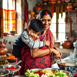 An Indian mother working in a traditional kitchen, surrounded by vibrant spices and cooking utensils