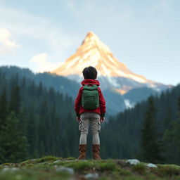 A Disney Pixar style wide shot of a young traveler at the base of a majestic mountain
