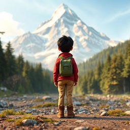 A Disney Pixar style wide shot of a young traveler at the base of a majestic mountain