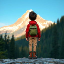 A Disney Pixar style wide shot of a young traveler at the base of a majestic mountain