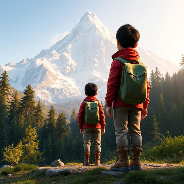 A Disney Pixar style wide shot of a young traveler at the base of a majestic mountain