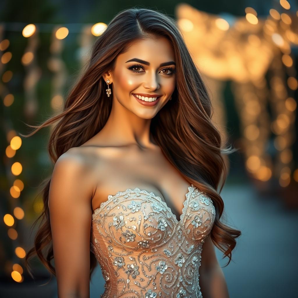 A high-quality portrait of a stunning woman with long flowing hair, wearing a glamorous evening gown, smiling elegantly