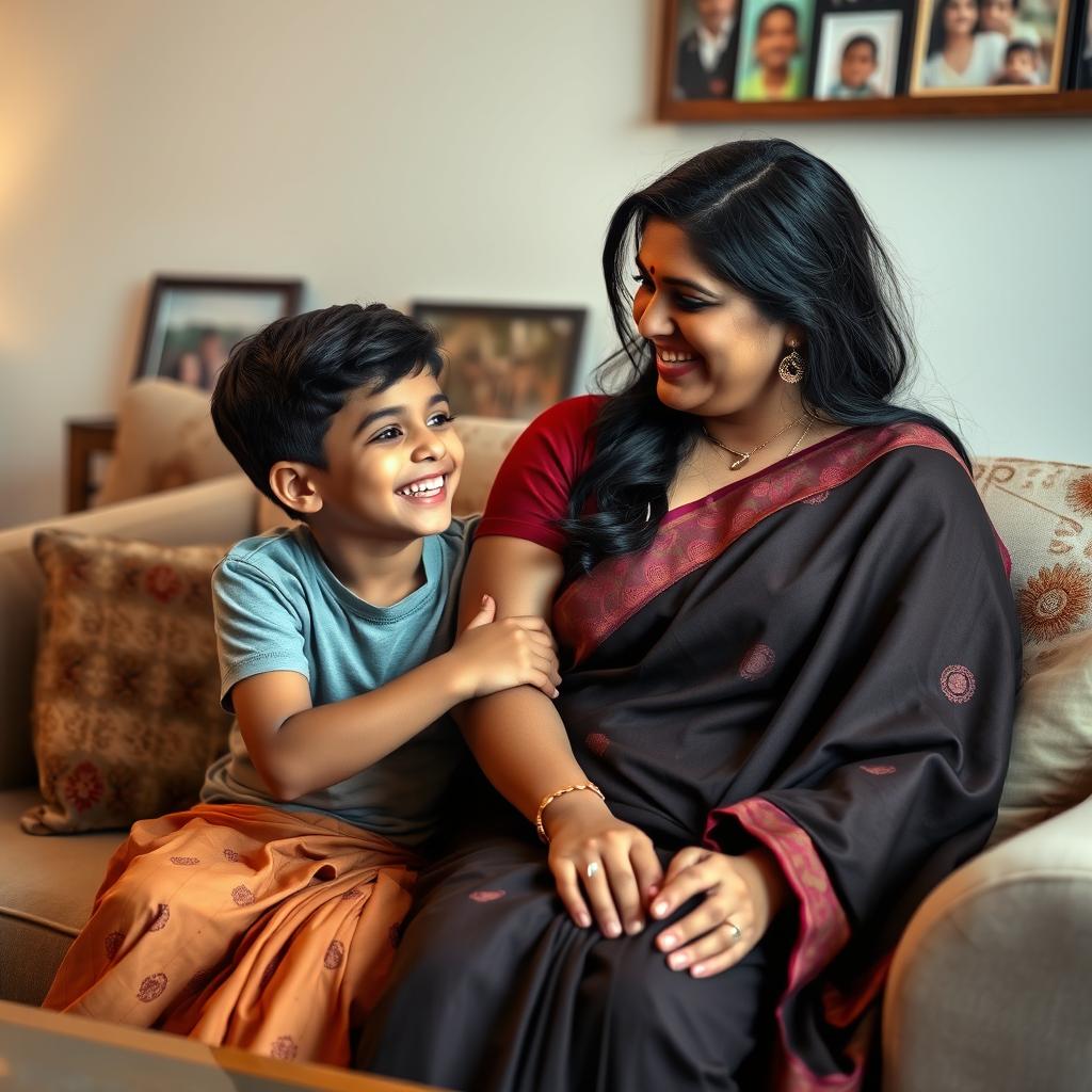 A beautiful South Asian woman with a curvy figure, stylishly dressed in a traditional saree, sitting on a cozy sofa in a warmly lit living room