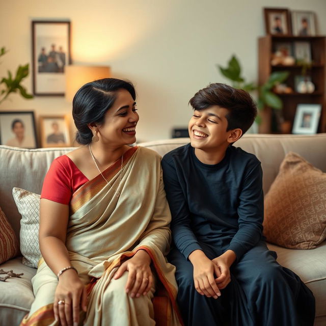 A beautiful South Asian woman with a curvy figure, stylishly dressed in a traditional saree, sitting on a cozy sofa in a warmly lit living room