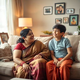 A beautiful South Asian woman with a curvy figure, stylishly dressed in a traditional saree, sitting on a cozy sofa in a warmly lit living room
