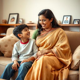 A beautiful South Asian woman with a curvy figure, stylishly dressed in a traditional saree, sitting on a cozy sofa in a warmly lit living room
