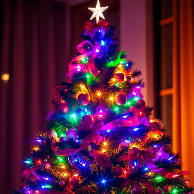 A beautifully decorated Christmas tree filled with vibrant lights that sparkle and glow