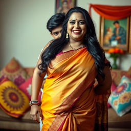 A dramatic scene in a vibrant Indian living room, featuring a voluptuous woman of Indian descent wearing a beautiful traditional saree