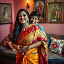 A dramatic scene in a vibrant Indian living room, featuring a voluptuous woman of Indian descent wearing a beautiful traditional saree